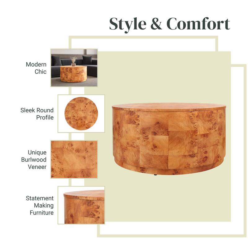 NPD Furniture Arsenio Burl Wood Round Coffee Table or Side/End Table
