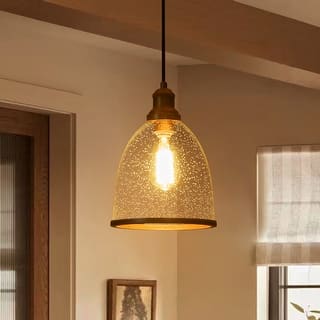 Mid-Century 1-Light Seeded Glass Shade Brass Kitchen Pendant Light