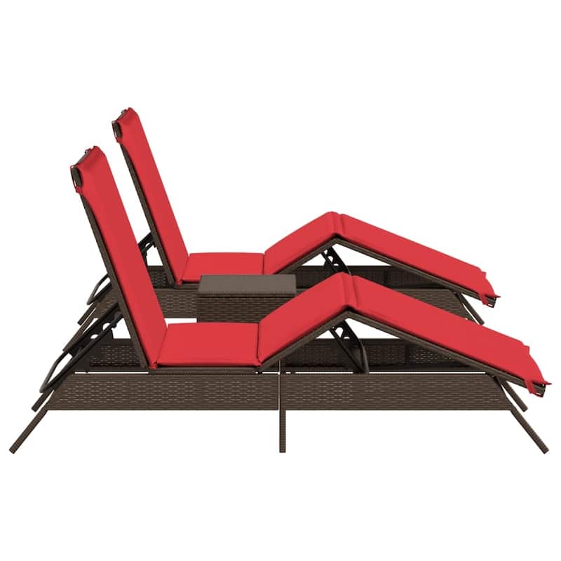 vidaXL Sun Loungers with Table Chaise Lounge 2 Pcs Poly Rattan Brown/Gray/Black - 23.2 x 78.7 x 33.5