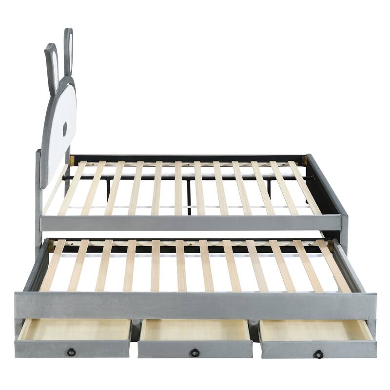 Full Size Upholstered Platform Bed with Rabbit Headboard, Trundle, and Three Drawers