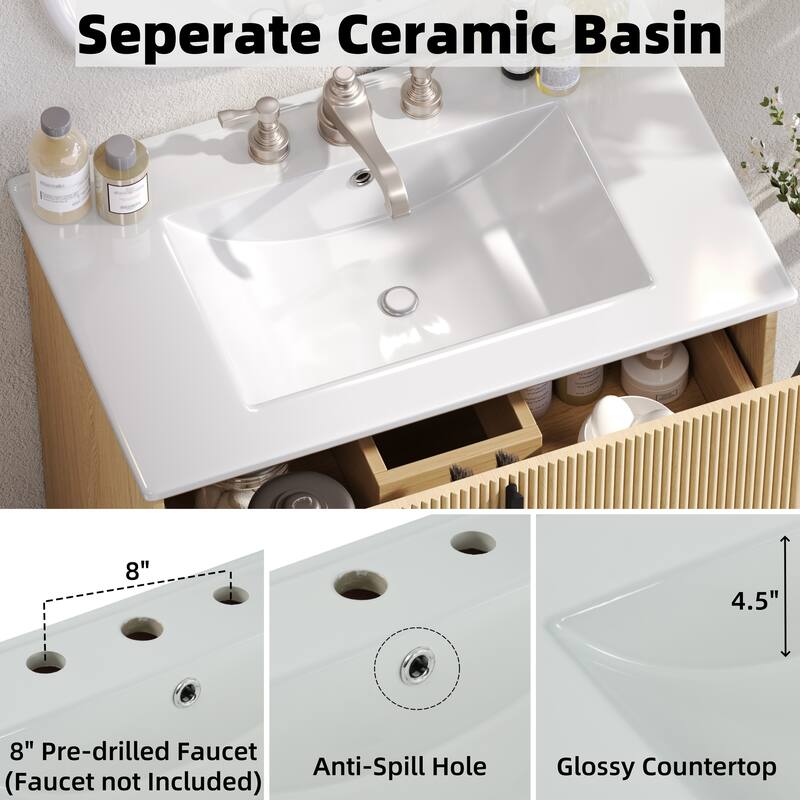 30" Bathroom Vanity with Ceramic Sink and Full-Extension Drawers, Soft Close Undermount Drawer Slides, Fluted Design