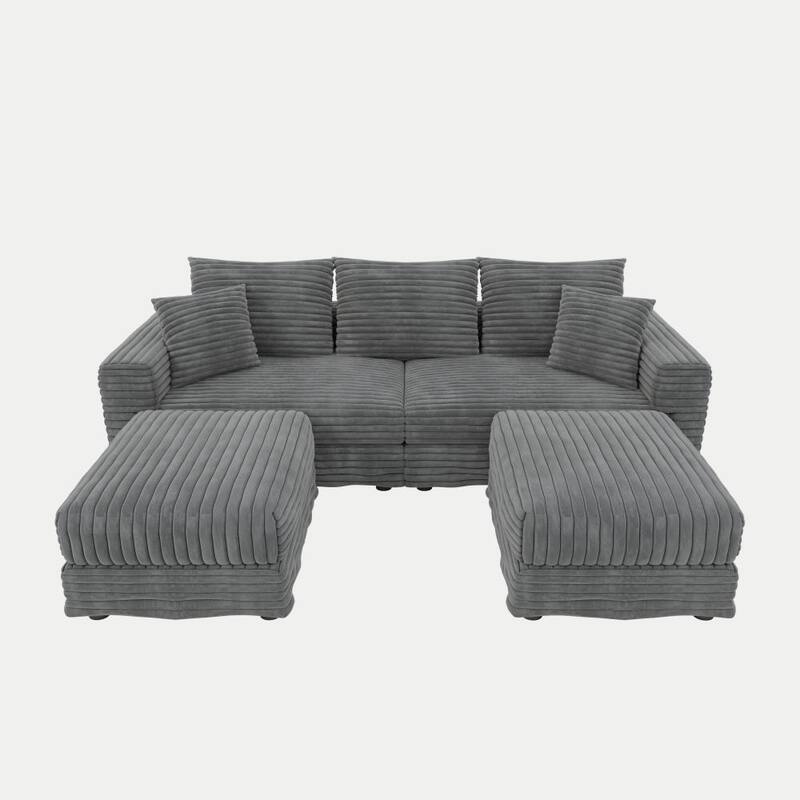 82.7" Plush Corduroy Convertible Deep Seat Sofa with Soft Pillows and 2 Ottomans