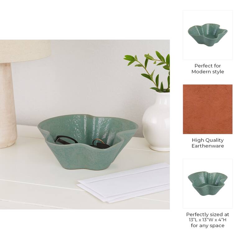 Decorative Ceramic Abstract Wavy Edged Bowl - 13", Green - 13.0"