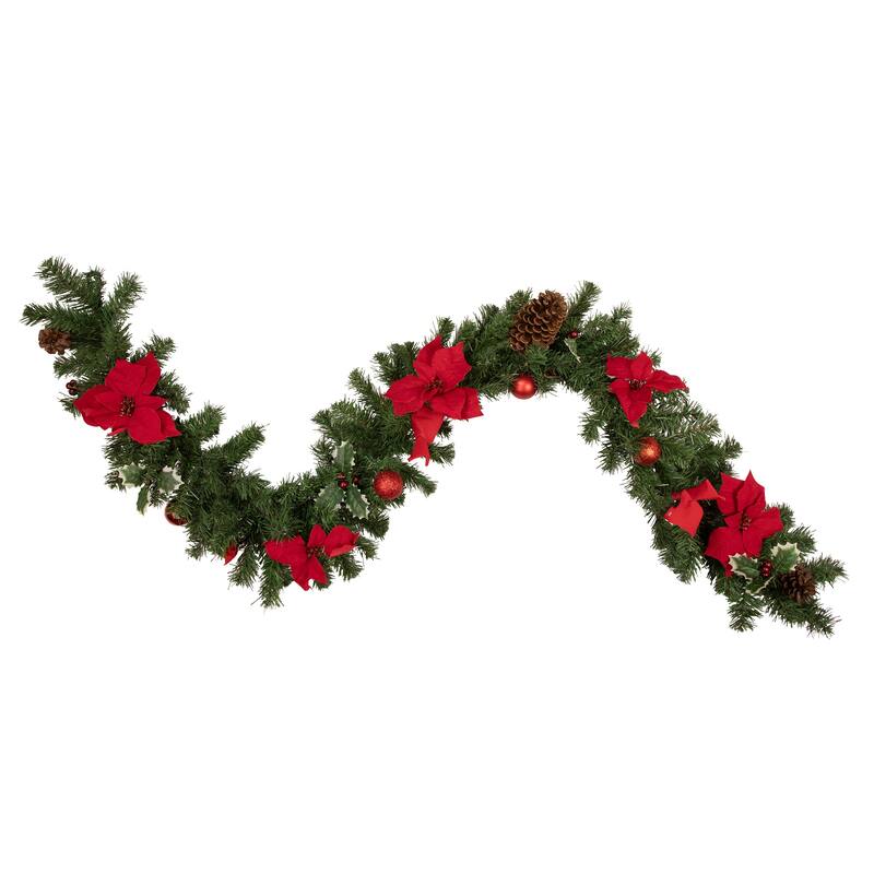6'x9" Red Poinsettia Pine Cone Artificial Christmas Garland Unlit