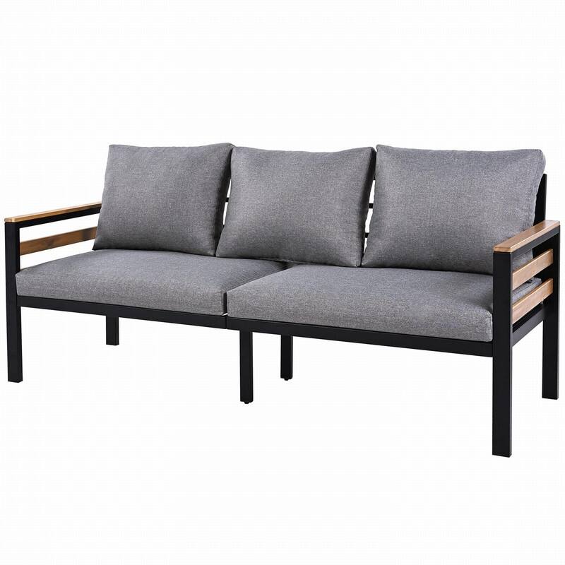 5-Person Outdoor Sofa Set with Acacia Wood Armrests and Removable Cushions