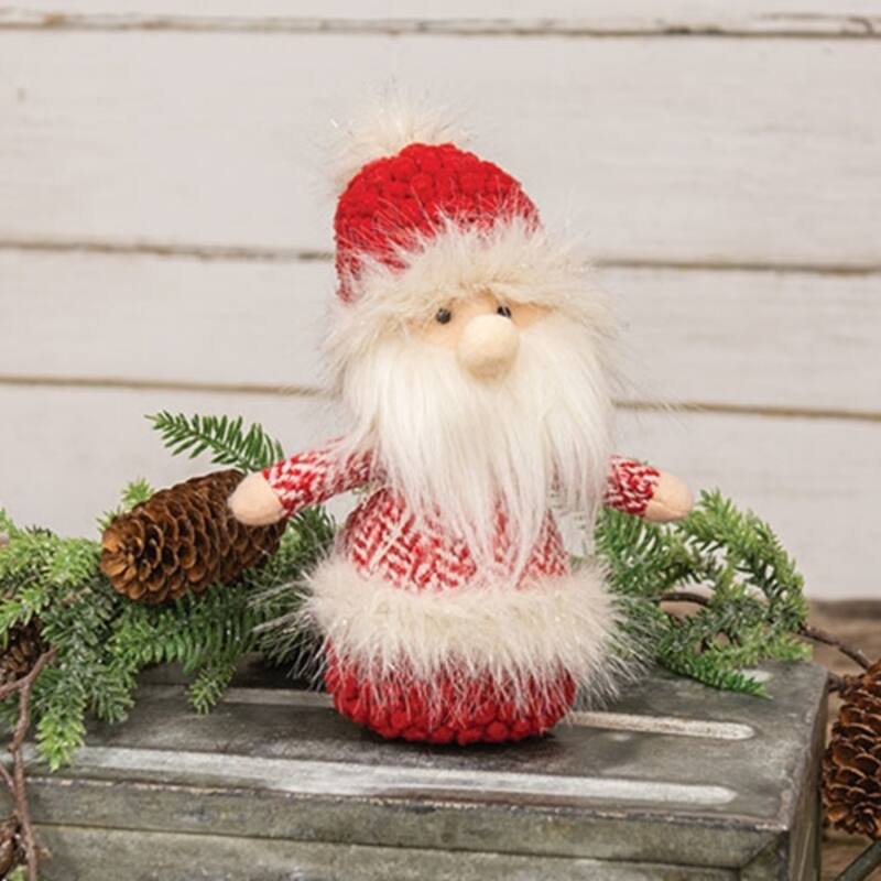 Red Chevron Santa Gnome Plush Sitter Christmas Decor Freestanding Holiday Tabletop Figurine - 9" H x 6" W x 4" D
