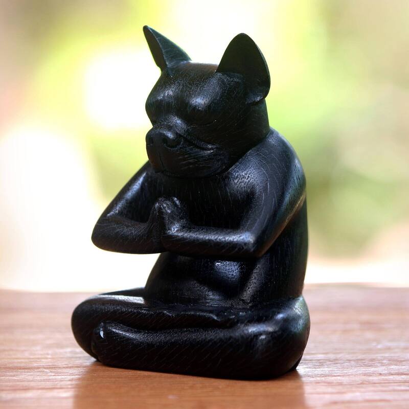 Novica Handmade Yoga Boston Terrier In Black Wood Statuette
