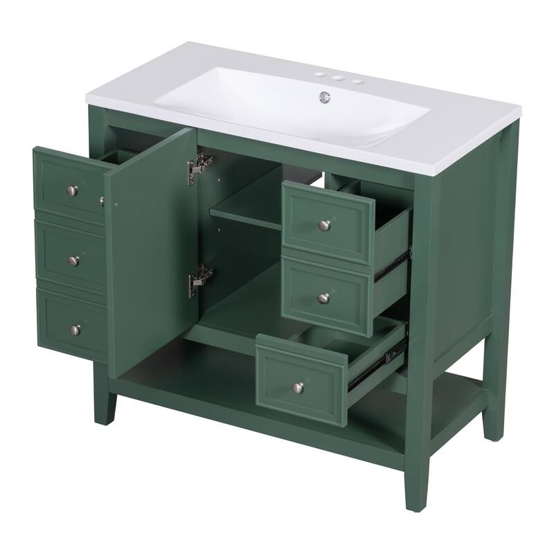 36-Inch Bathroom Vanity with Ceramic Sink - Solid Wood Frame, 3 Drawers, 1 Cabinet & Shelf - Modern Freestanding Design