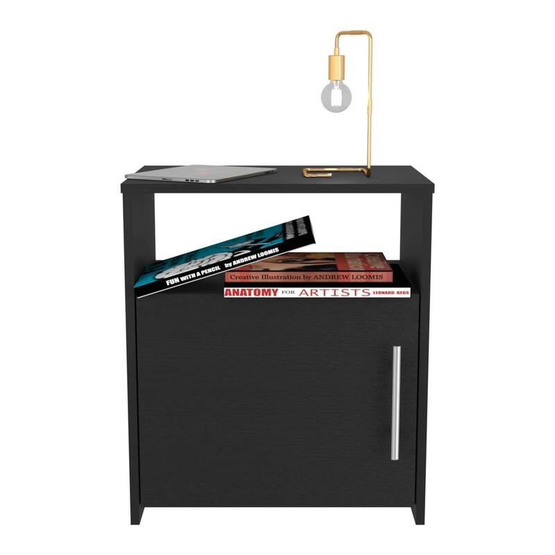 Modern Black Nightstand with Single Door Cabinet and Metal Handle