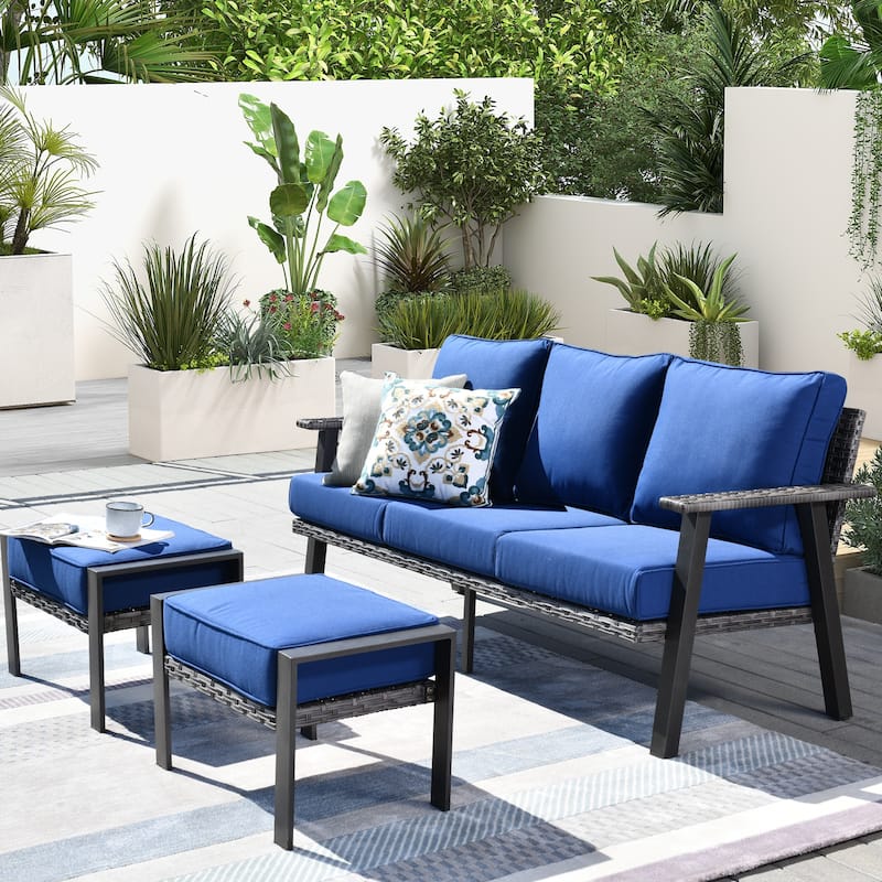 OVIOS Outdoor 3-piece Wicker Sectional Sofa Set With Ottoman Steel Frame