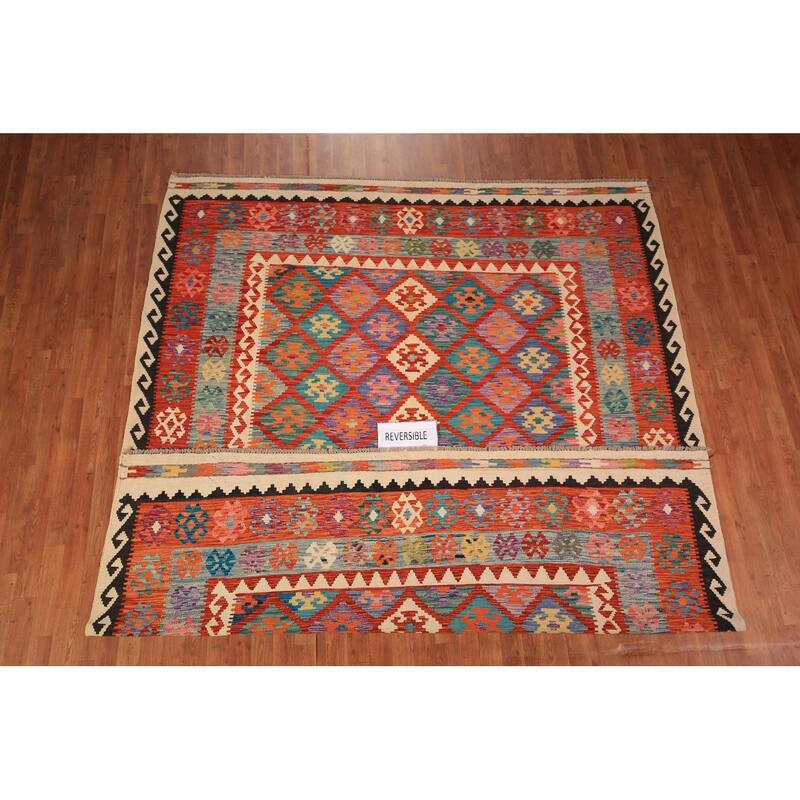 Kilim Oriental Area Rug Hand-Woven Orange Wool Carpet - 8'1" x 9'10"