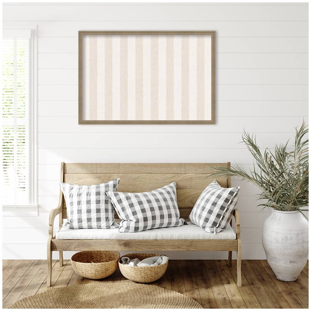 Kate and Laurel Framed Fabric Pinboard Wide Stripes Linen and White Wall Organization