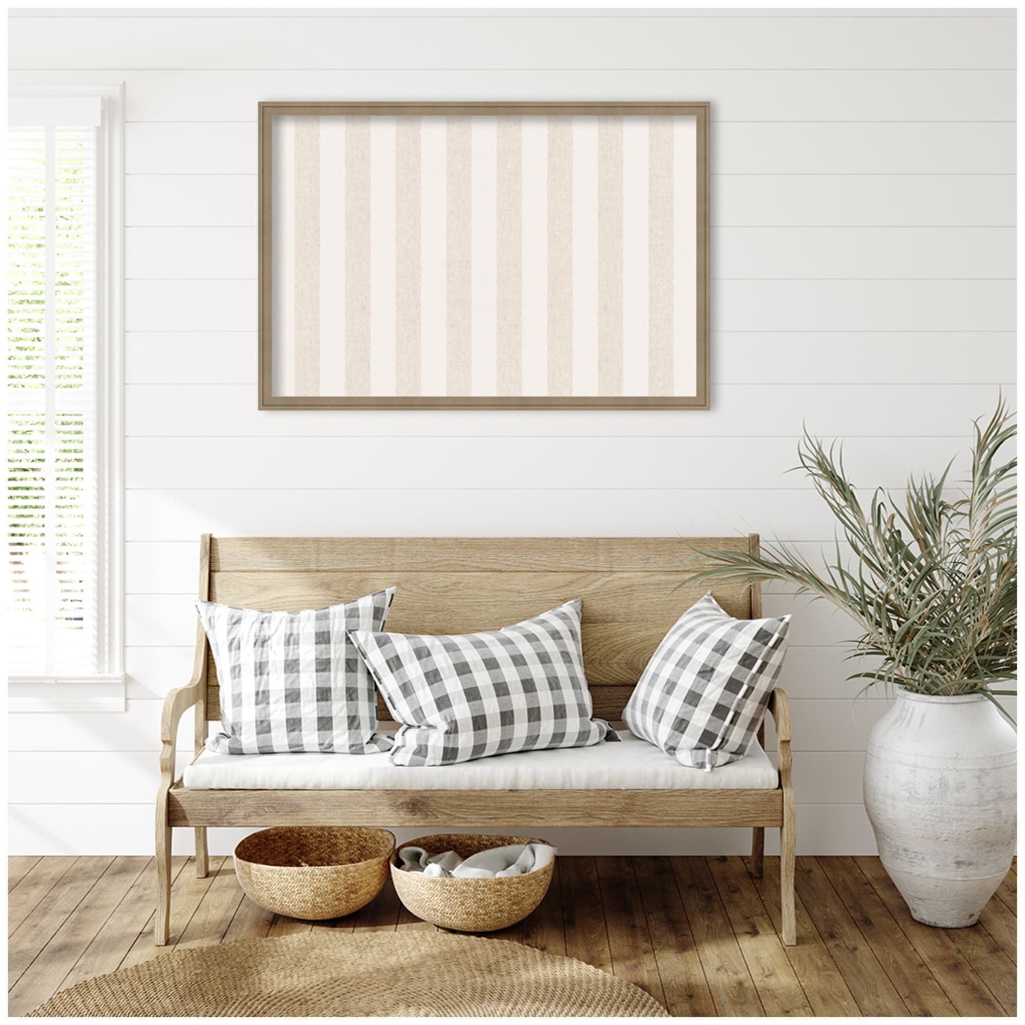 Kate and Laurel Framed Fabric Pinboard Wide Stripes Linen and White Wall Organization