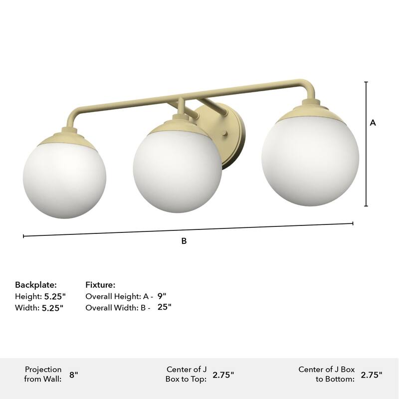Hunter Hepburn 3 Light Vanity Wall Light, Damp-Rated - Vintage, Mid-Century Modern, Glam