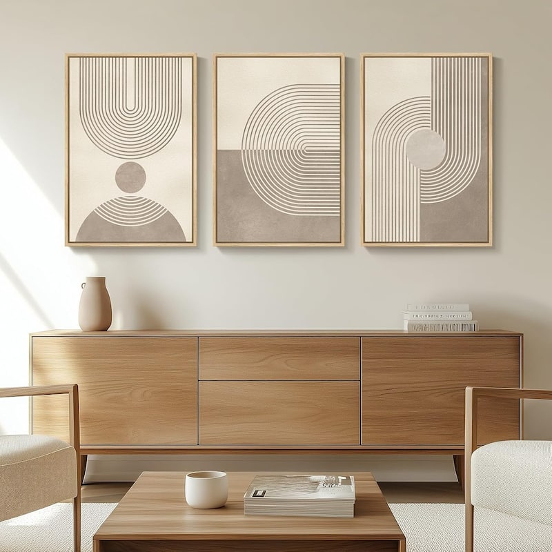 3 Piece Mid Century Beige Painting Prints, Brown Modern Geometric