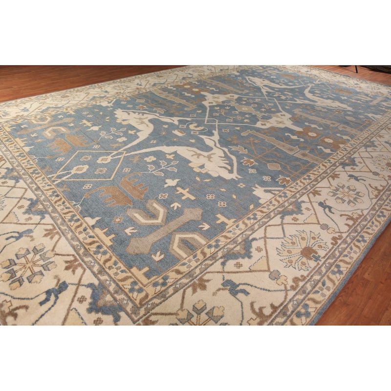 All-Over Blue & Ivory Oushak Indian Large Rug Hand-Knotted Wool Carpet - 13'1"x 20'7"