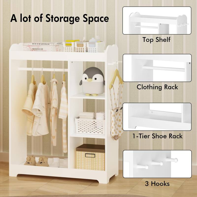 Kids Dress Up Storage with Mirror and Hooks, Wooden Clothes Rack with Hanging Rod, 3 Side Hooks, Storage Shelves and Top Shelf