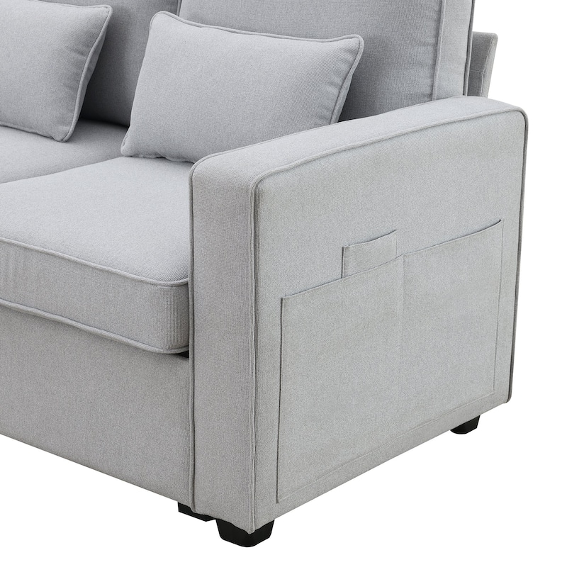 104" 4-Seater Modern Linen Fabric Sofa with Armrest Pockets and 4 Pillows
