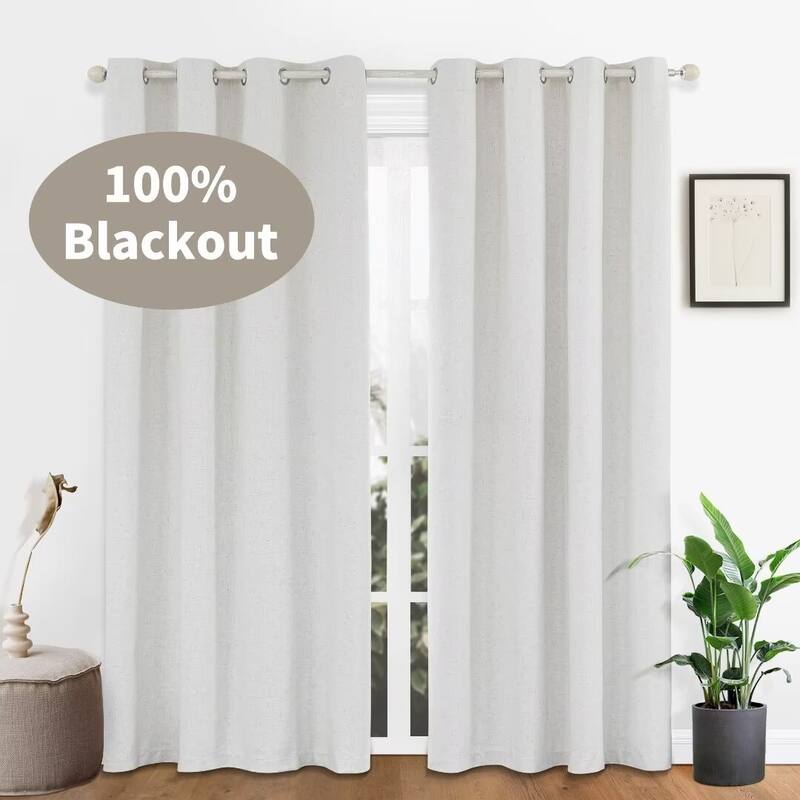 100% Blackout Linen Blend Texture Grommet Window Curtain Pair(2 panels) - 52"Wx84"L - 84 Inches - White