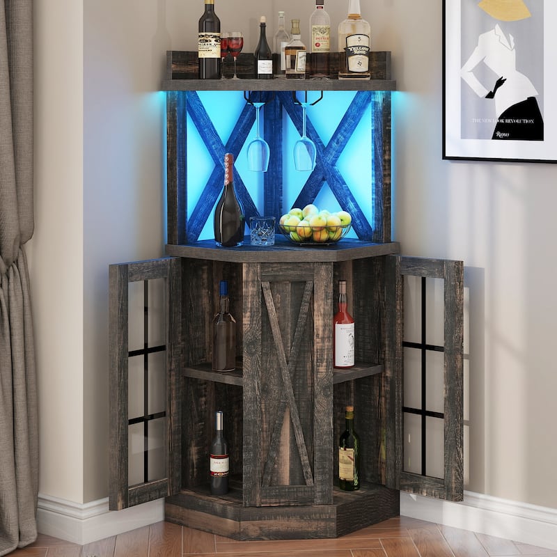 72" Tall Farmhouse Corner Bar Cabinet with Glass Door & LED Lights