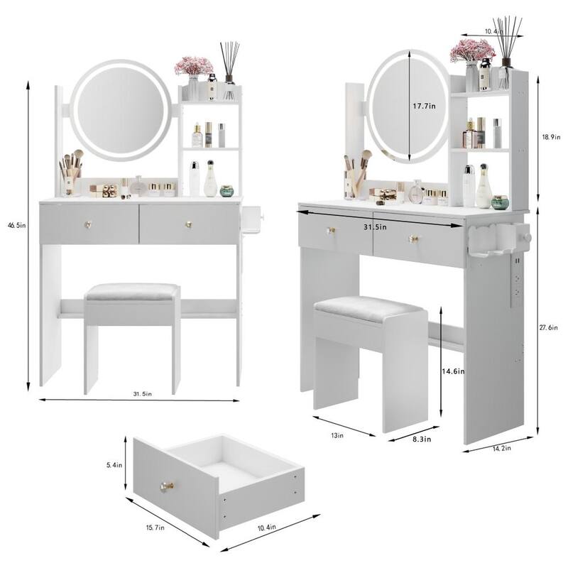 17" Round Touch Switch LED Mirror Vanity with 2 AC+2 USB Power Socket and Adjustable Brightness