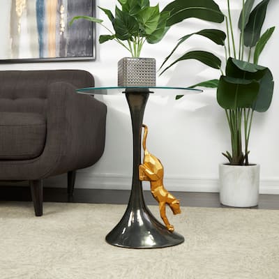 Black Aluminum Metal Leopard Accent Table with Gold Leopard Accent and Tempered Glass Top