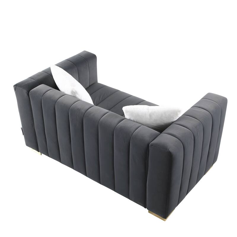 Grey Velvet Loveseater Channel Sofa with Plush Foam Cushions