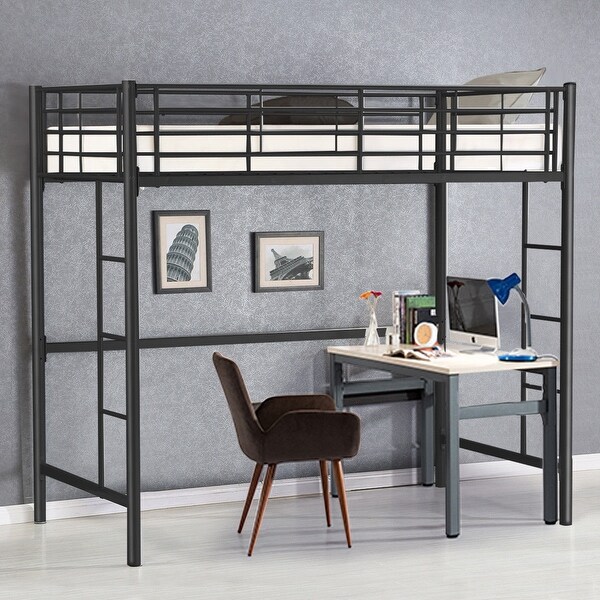 Gymax Twin Loft Bed Metal Bunk Ladder Beds Boys Girls Teens Kids Bedroom Dorm Black