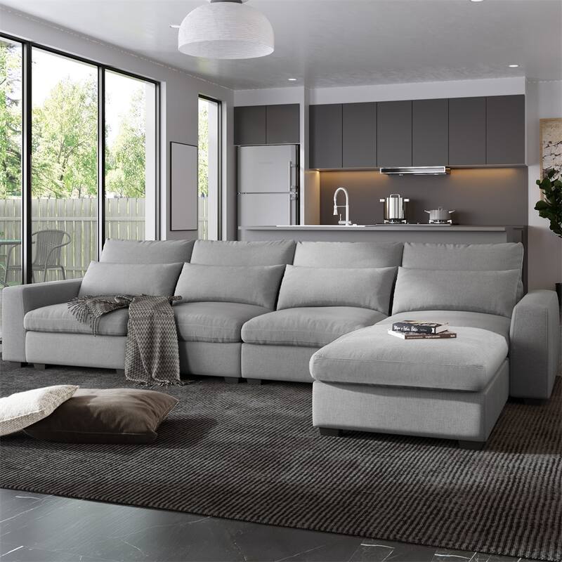 Modern Large L-Shape Feather Filled Home Sectional Sofa with 4 Pillows