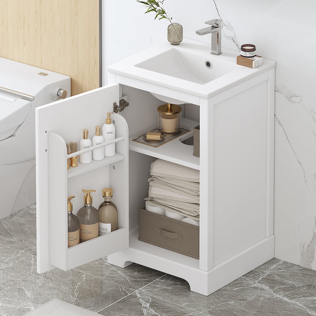 20" White Bathroom Vanity with Ceramic Sink, Soft Closing Door, Adjustable Shelve & Storage Rack, Freestanding Design