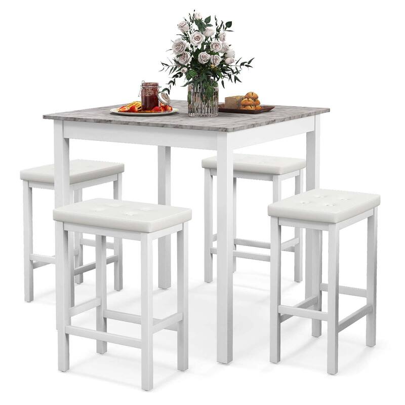 5 PCS Bar Table Set Square Dining Table & 4 PVC Leather Bar Stools - White