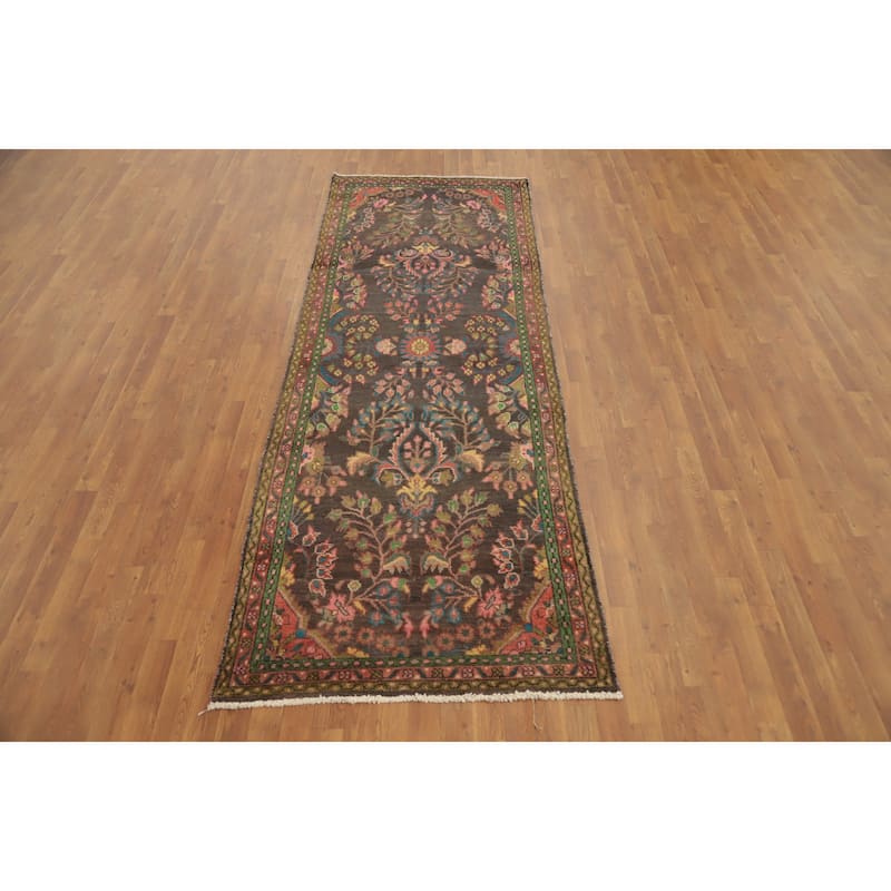 Hand Knotted Oriental 100% Wool Carpet Traditional Floral Greys & Charcoal Hamedan Runner Rug - 9' 11'' X 3' 7''