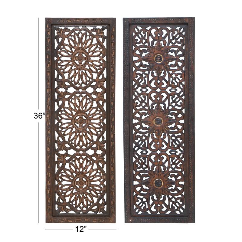 Wood Floral Handmade Intricately Carved Home Wall Decor - Set of 2 Brown - Roche River Decor