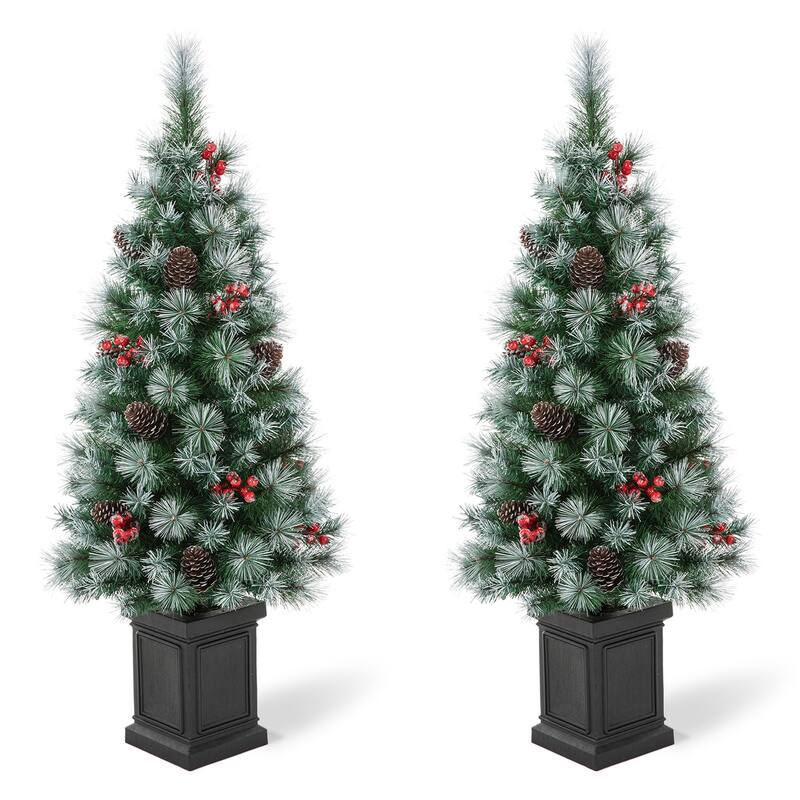 Glitzhome Christmas 5-Piece Set with Berry Leaf Wreath, Teardrop and 4/5ft Potted Trees for Entrance Decoration