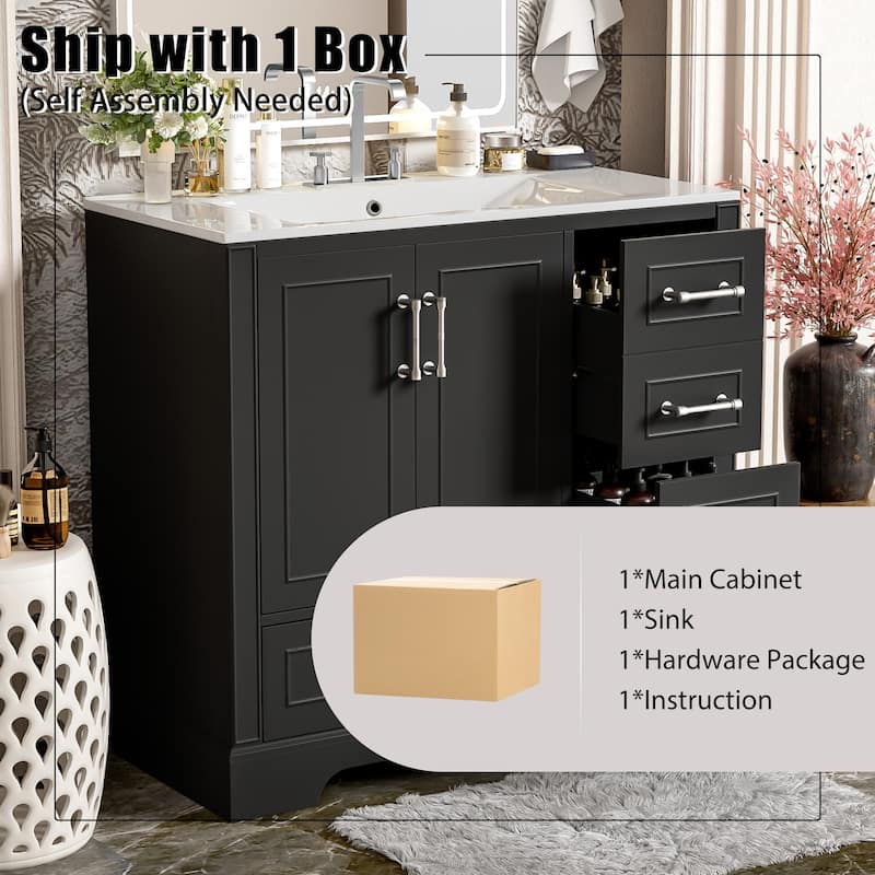 GDFStudio - Altair Wood & Ceramic 36" Traditional Bathroom Vanity with Sink, 2 Soft-Close Doors & 4 Drawers