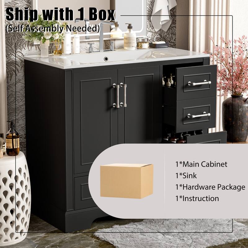 Traditional Bathroom Vanity with Ceramics Sink, Freestanding Cabinet with 3 Side Drawers, Bottom Drawer and 2 Soft Close Doors