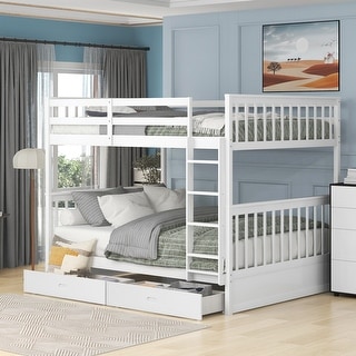 Full over Full Bunk Bed With Ladders and Two Storage Drawers for Bedroom