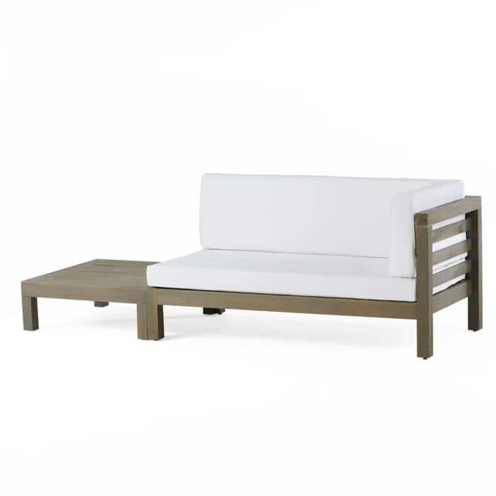 Roomfitters Right Corner Bench with Coffee Table, Outdoor Wooden Patio Sofa with Cushions for Garden or Porch