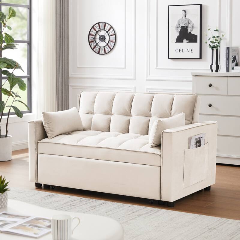 3 in 1 Convertible Velvet Sofa Couch w/Pullout Bed and Reclining Backres - Cream