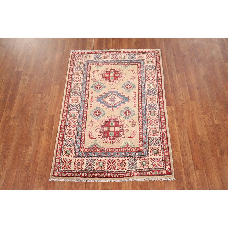 Oriental Kazak Foyer Rug Hand-Knotted Traditional Beige Wool Carpet - 3'4" x 4'7"