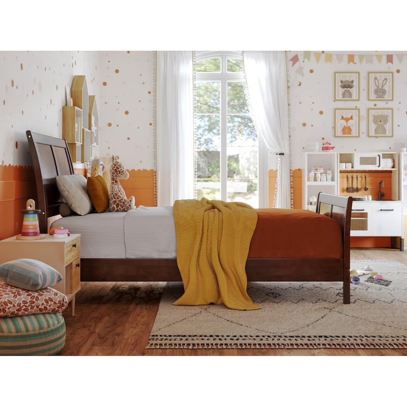 Solid Wood Sleigh Bed - Low Profile Platform Bed with Footboard - Twin Size Bed Frame