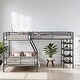 preview thumbnail 1 of 10, L-Shaped Metal Twin over Full Bunk Bed with 4 Built-in Shelves, Black Black