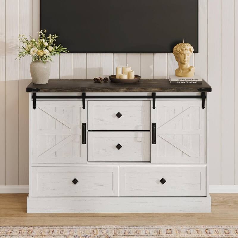 Farmhouse 4 Drawer Dresser for Bedroom 45" Wood Dressers with Sliding Barn Doors TV Stand
