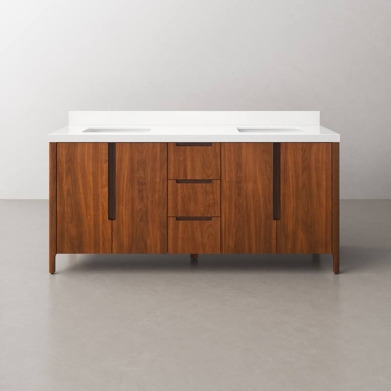 Sequoia 72 In. Double Sink Whitebrook Quartz Countertop Bath Vanity in Noir Juglans