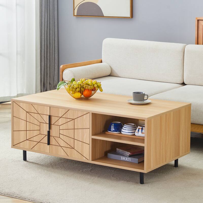 Modern Spider Web Texture Coffee Table Natural Wood Tone Geometric Art Coffee Table with Open Shelves, for Living Room