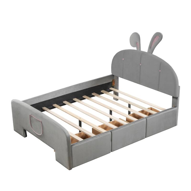 Velvet Platform Bed with Rabbit-Shaped Headboard,Drawers and Bed-End Storage Pocket