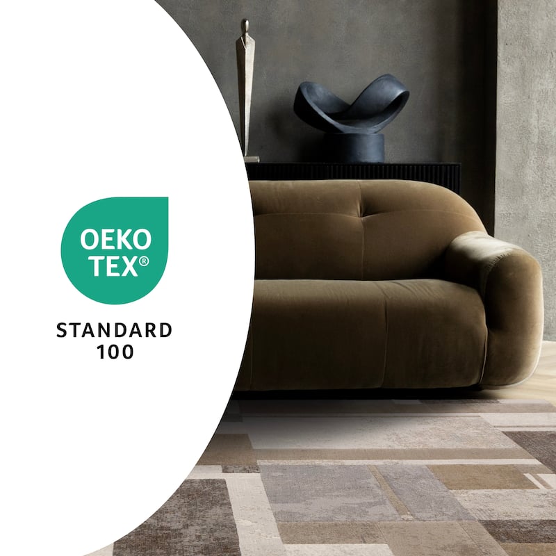 Beige Grey Geometric Overlapping Blocks High-Traffic Plush Rug