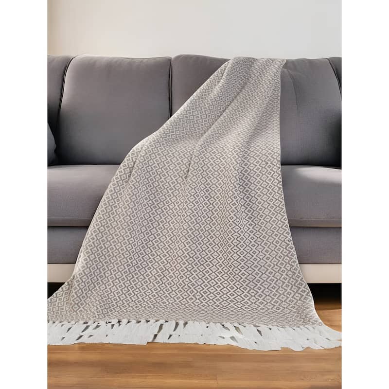 HomeRoots 50" X 60" Tan Woven Cotton Geometric Throw Blanket with Fringe - Throw