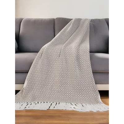 HomeRoots 50" X 60" Tan Woven Cotton Geometric Throw Blanket with Fringe