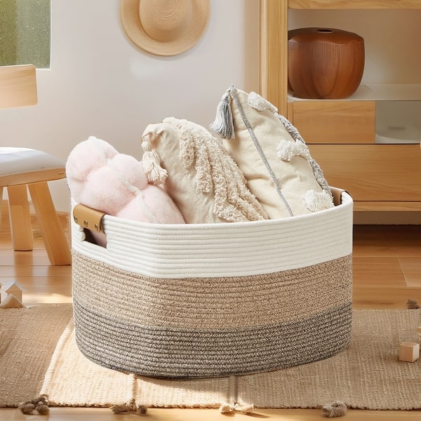 VECELO Large Round/Rectangle Blanket Storage Baskets,Toy Storage Organizing with Handle - 1 PACK White & Brown